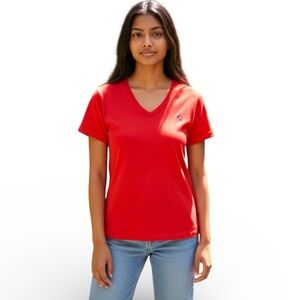 Polo Ralph Lauren Red V-Neck Cotton T-Shirt Women’s Size L Classic Pony Logo
